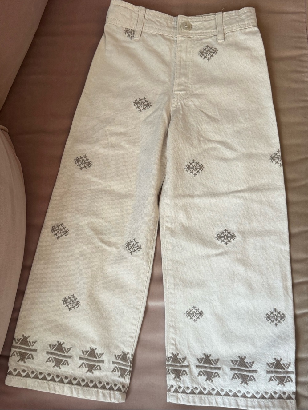 Zara kids Cream Wide-Leg Jeans with Gray Embroidery